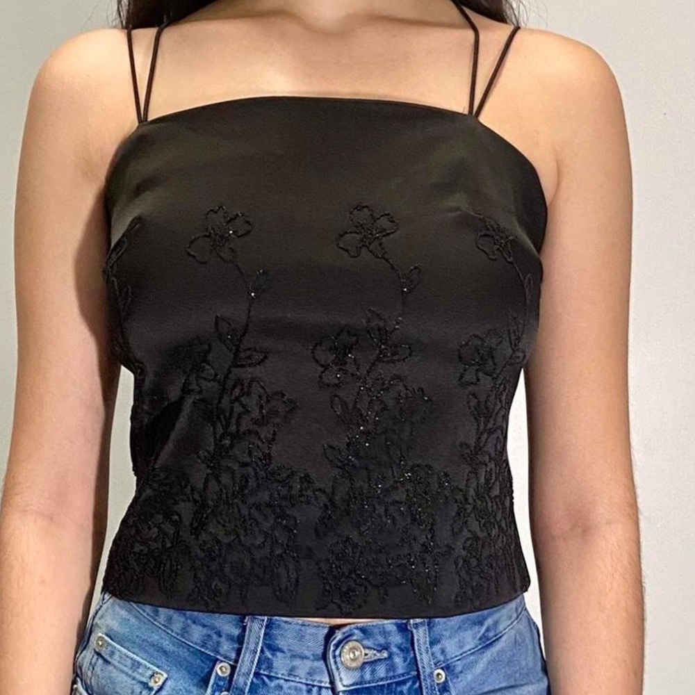 Vintage Y2K Byer Too! Black Sparkle Floral Print Camisole Tank Top